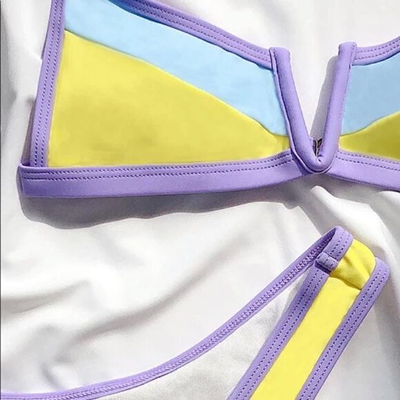 NEW! Multi Color Pastel Color Block V-Wire Front Bikini - Picture 4 of 9